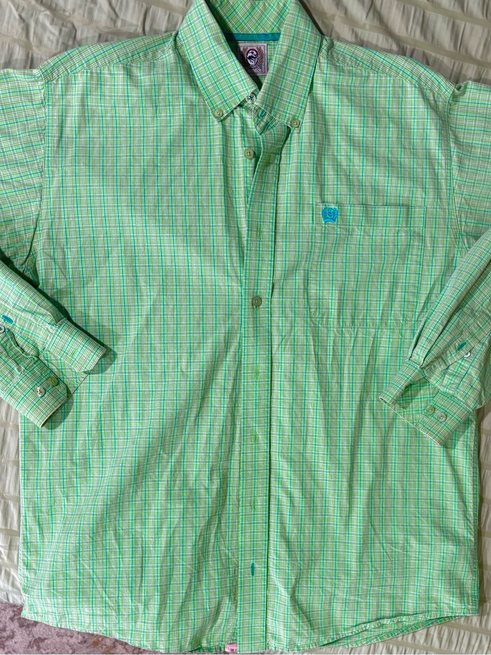 Cinch Light Green Plaid Button-Down Shirt with Blue Logo